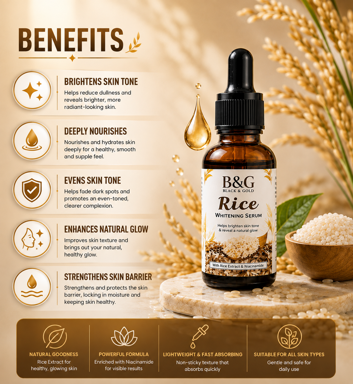 A bottle of B&G Beauty Rice Whitening Serum centered on a warm beige background with decorative rice grains, a bowl of rice, and a gold droplet. The left side includes a 'BENEFITS' panel with text and icons, and the bottom has a brown banner with additional product claims.
