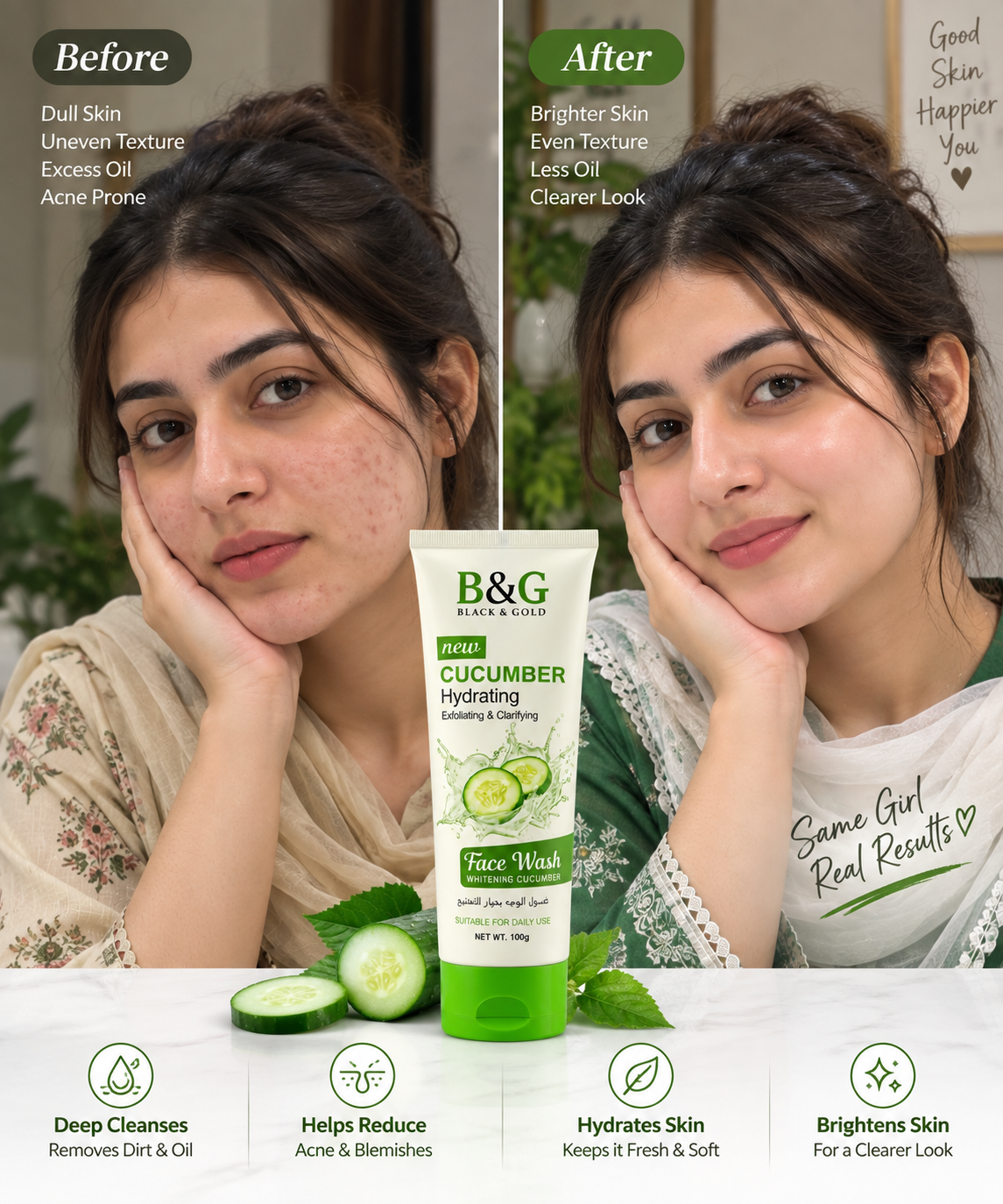 B&G Black & Gold Cucumber Hydrating Face Wash before and after skincare comparison
