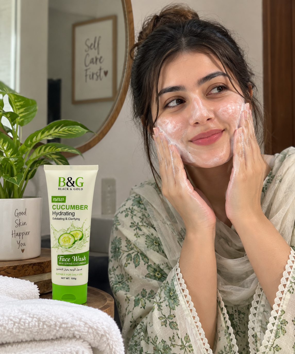 Pakistani woman applying B&G Black & Gold Cucumber Hydrating Face Wash