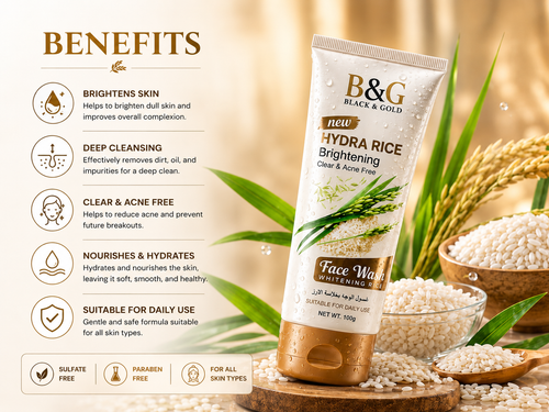 B&G Black & Gold Face Wash All-Roaming tube displayed on a wooden stand with rice, green leaves, and a benefits infographic on the left.