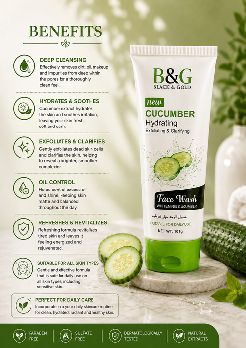 B&G Black & Gold Face Wash in Cucumber Hydrating variant, shown as a 110g squeeze tube with cucumber slices on a white background, surrounded by a green infographic detailing its benefits, ingredients, and usage.