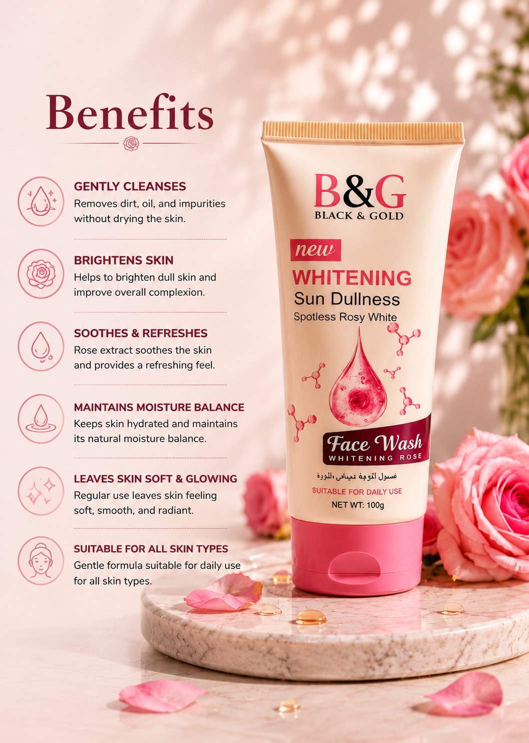 B&G Black & Gold Face Wash in a 100g squeeze tube, labeled 'Whitening Sun Dullness' in rose white. The tube is displayed on a marble tray with rose petals and pink roses, next to a 'Benefits' text panel detailing skin advantages.