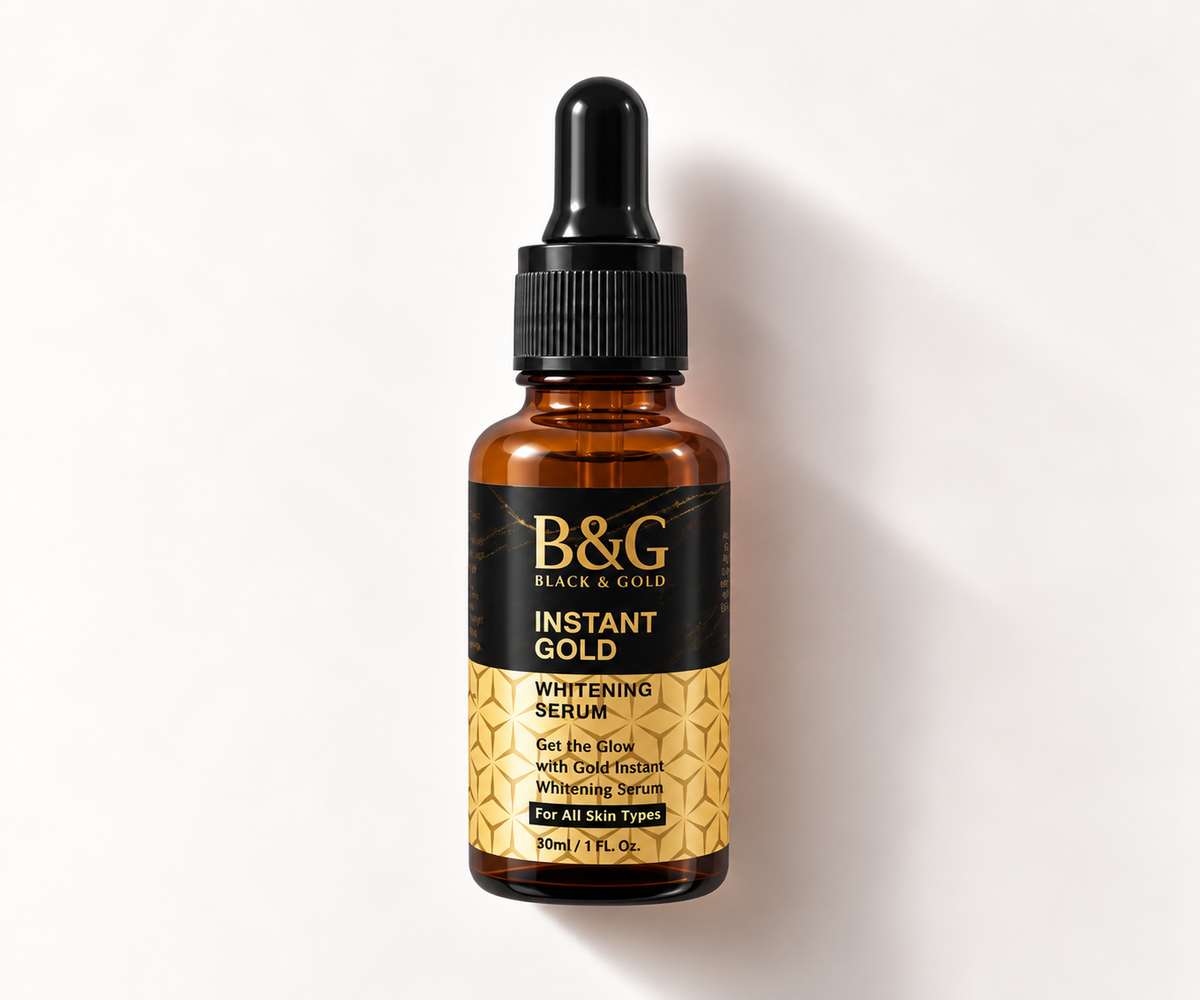 B&G Black & Gold Instant Gold Whitening Serum in a 30ml amber glass dropper bottle with a black cap, set against a clean white background with a soft shadow.
