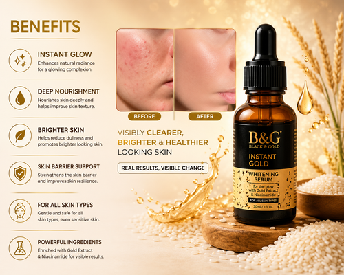 B&G Black & Gold Instant Gold Whitening Serum bottle on a wooden surface with a gold background, alongside a before-and-after skin comparison and a list of benefits on the left.