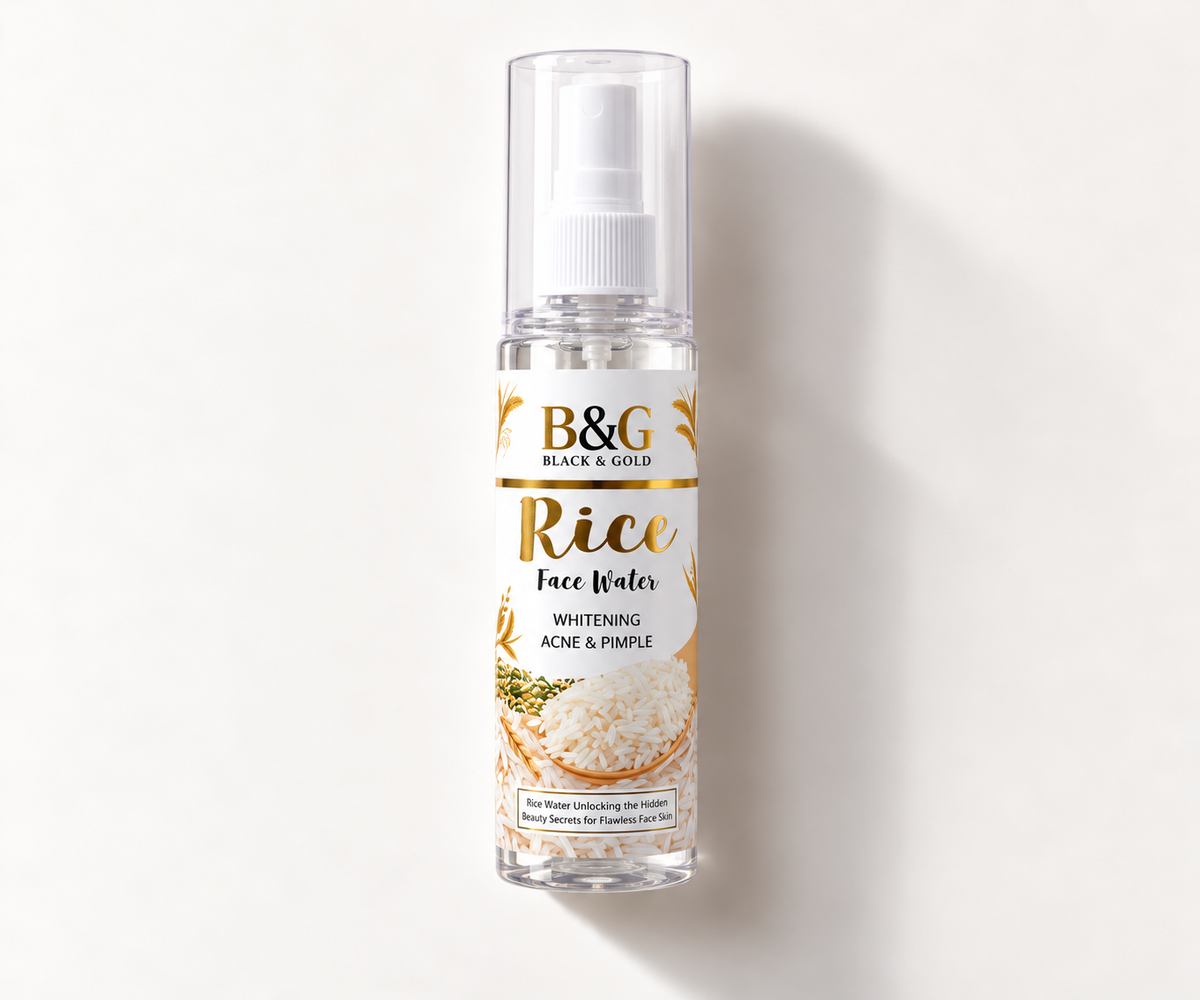 A clear plastic spray bottle of B&G Black & Gold Rice Face Water, featuring a white pump and a label with gold and white text, set against a clean white background with a soft shadow.