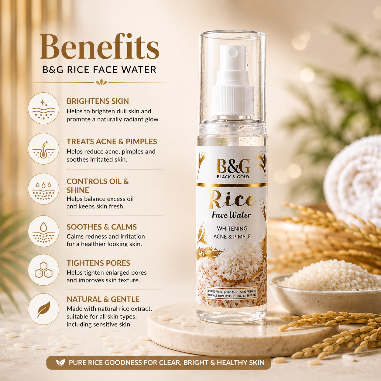 B&G Black & Gold Rice Face Water spray bottle displayed on a wooden tray with rice grains, alongside a benefits infographic on the left, set against a warm, softly blurred background with a white towel.