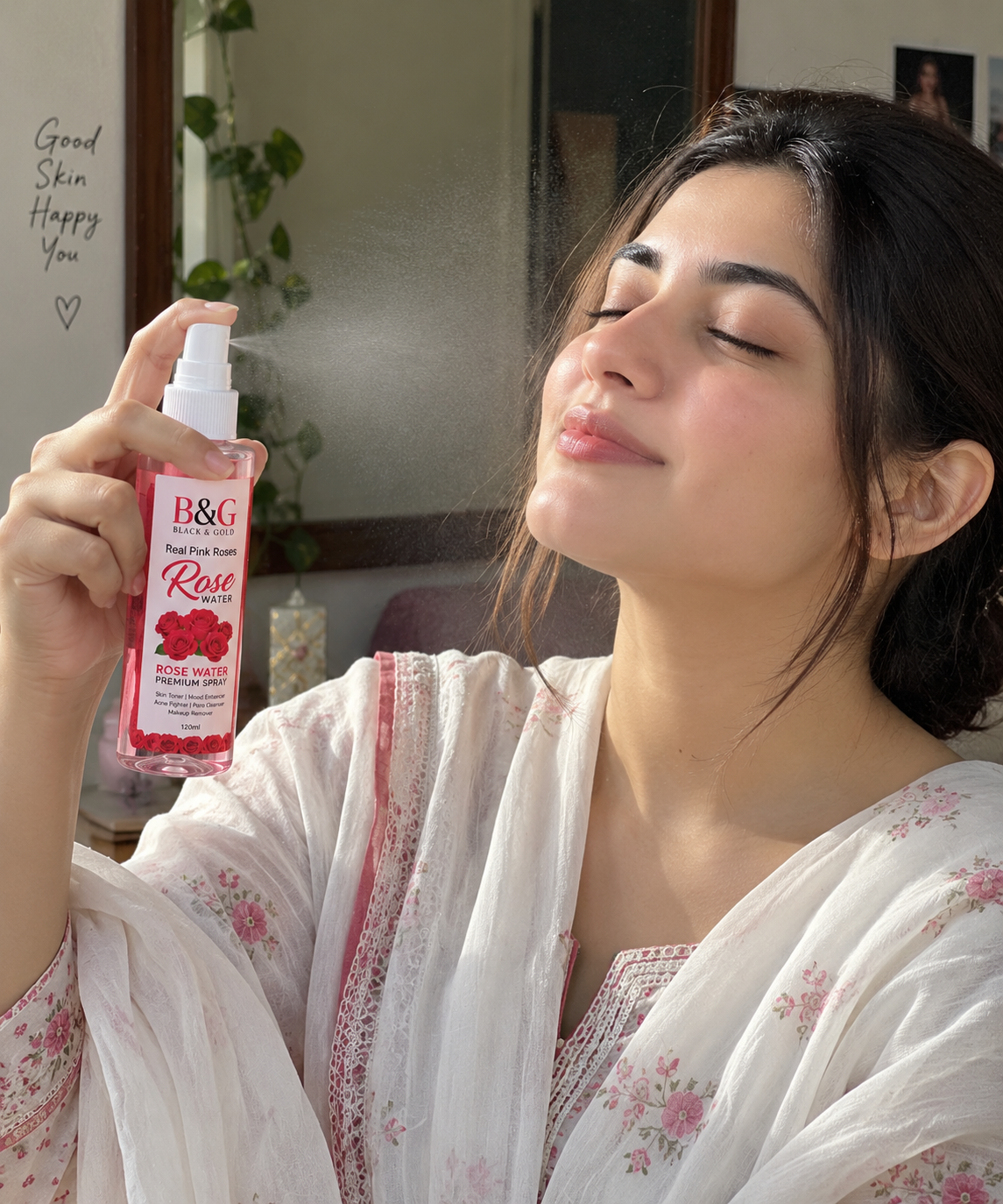 Pakistani woman using B&G Black & Gold Real Pink Roses Rose Water Premium Spray