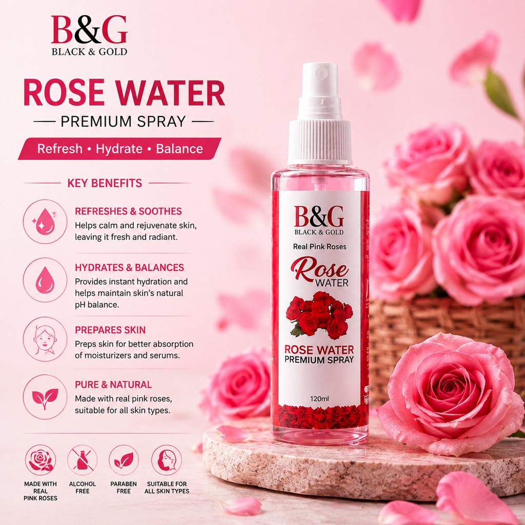 B&G Black & Gold Rose Water Premium Spray bottle displayed on a stone slab with pink roses, alongside key benefits and usage claims on a pink background.