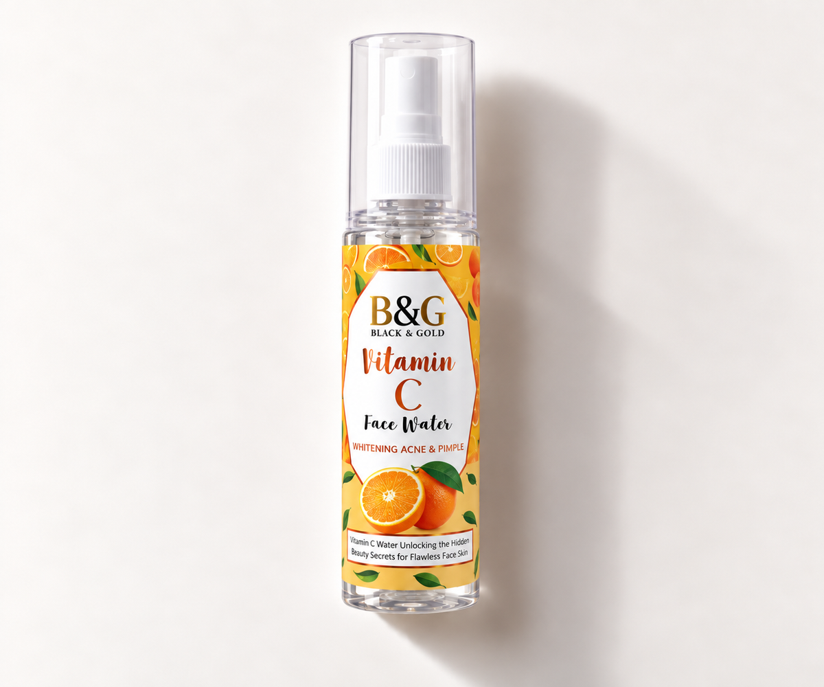 A bottle of B&G Black & Gold Vitamin C Face Water, featuring a clear cap and a label decorated with orange slices and green leaves, set against a plain white background with a soft shadow.