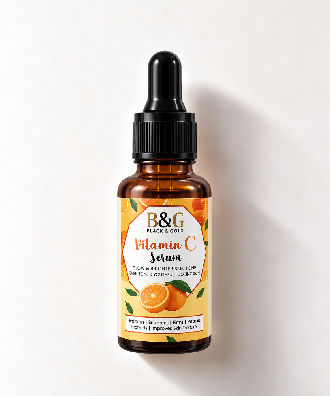An amber glass dropper bottle of B&G Black & Gold Vitamin C Serum with a black cap and a yellow label featuring orange graphics, set against a clean white background with a soft shadow.