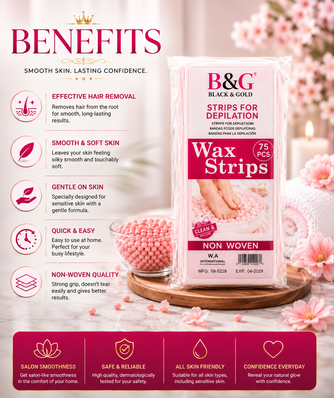 B&G Black & Gold Wax Strips for depilation, shown in a retail pack on a styled background with pink flowers, a bowl of wax, and a foot. The image includes a 'BENEFITS' section with text and icons on the left, and a bottom banner with feature callouts.