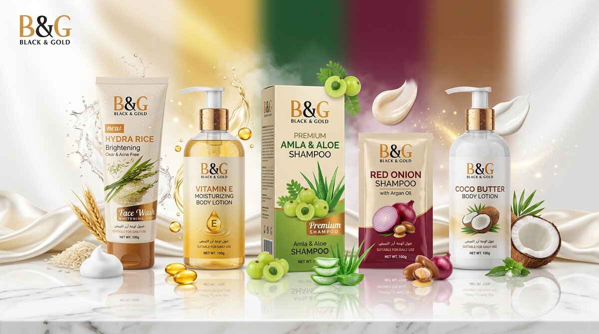 B&G Black & Gold skincare and haircare product range including face wash, body lotion, shampoo, and body lotion