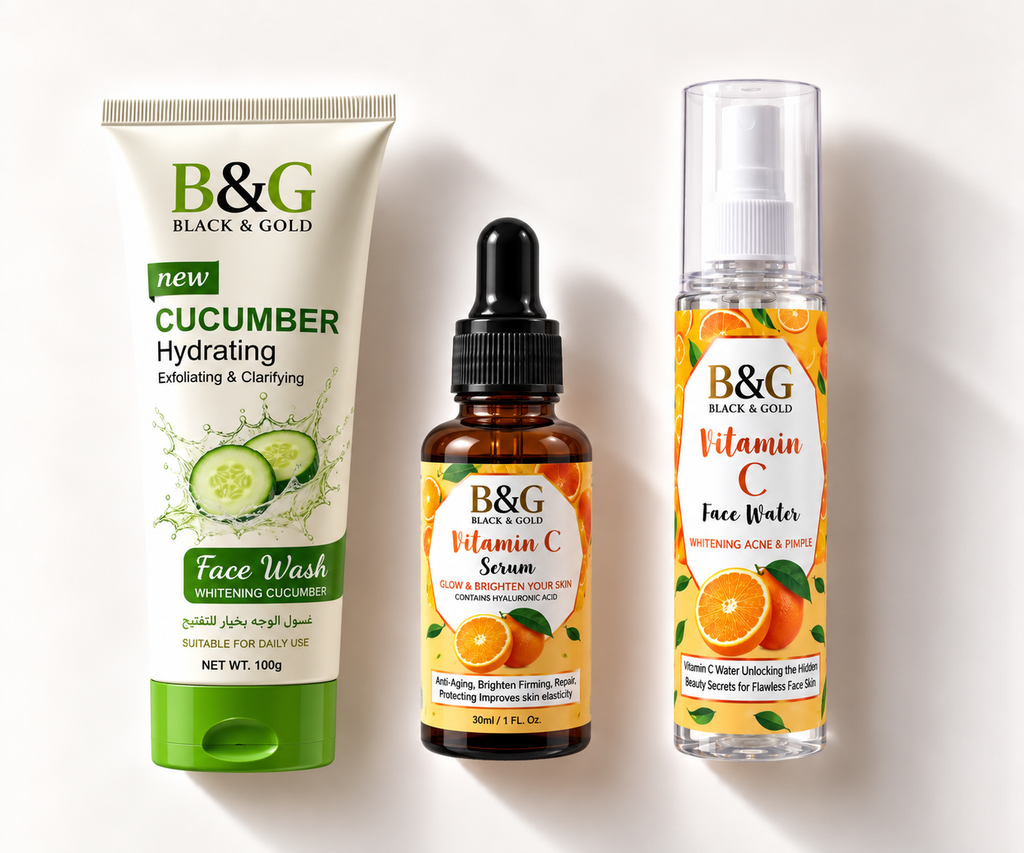 Three B&G Black & Gold skincare products arranged side by side on a white background: a green and white Face Wash tube, an amber dropper bottle of Vitamin C Serum, and a clear bottle of Vitamin C Face Water with orange labels.