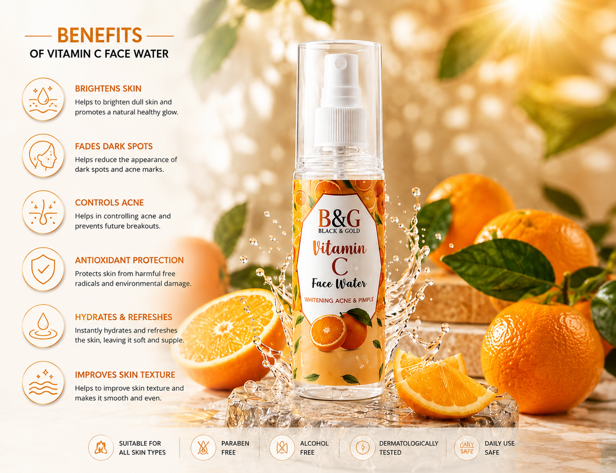 B&G Naturals Vitamin C Face Water spray bottle centered on a warm orange-toned background with sliced oranges, leaves, and a splash effect. Left side includes text listing benefits of vitamin C face water, and the bottom shows usage/safety icons.