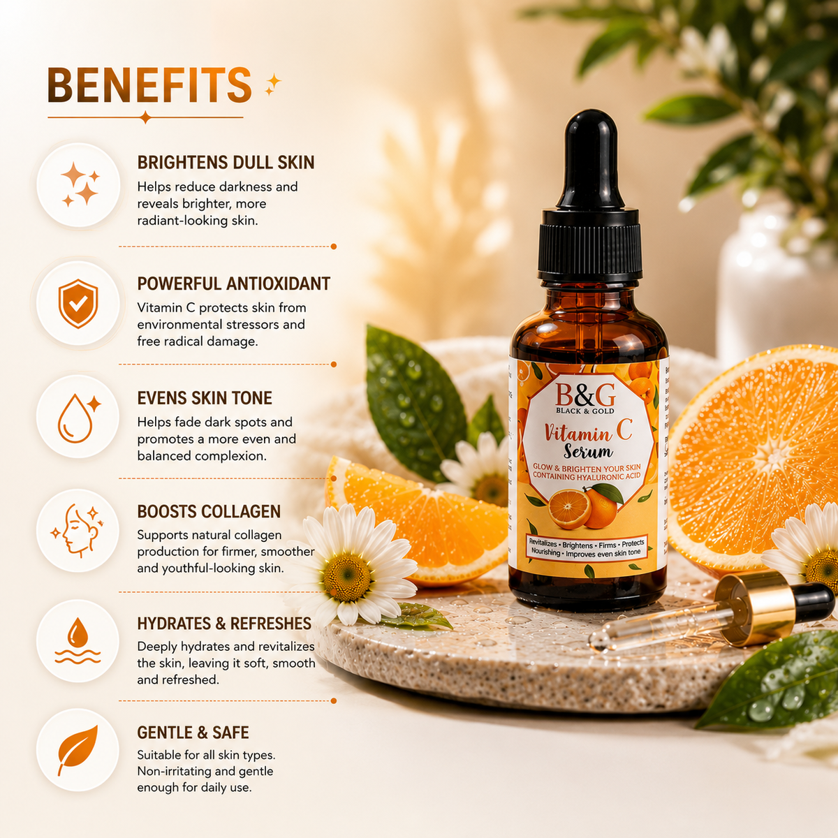B&G Organics Vitamin C Serum in an amber glass dropper bottle, displayed on a marble surface with orange slices, white flowers, and a wooden rollerball. The left side features a 'BENEFITS' section with text and icons detailing the product's skin benefits.