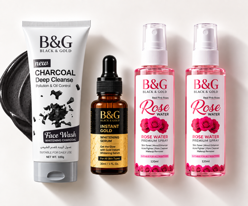 Four B&G Black & Gold skincare products arranged on a white background: a white charcoal face wash tube, an amber dropper bottle of instant gold serum, and two pink rose water spray bottles.
