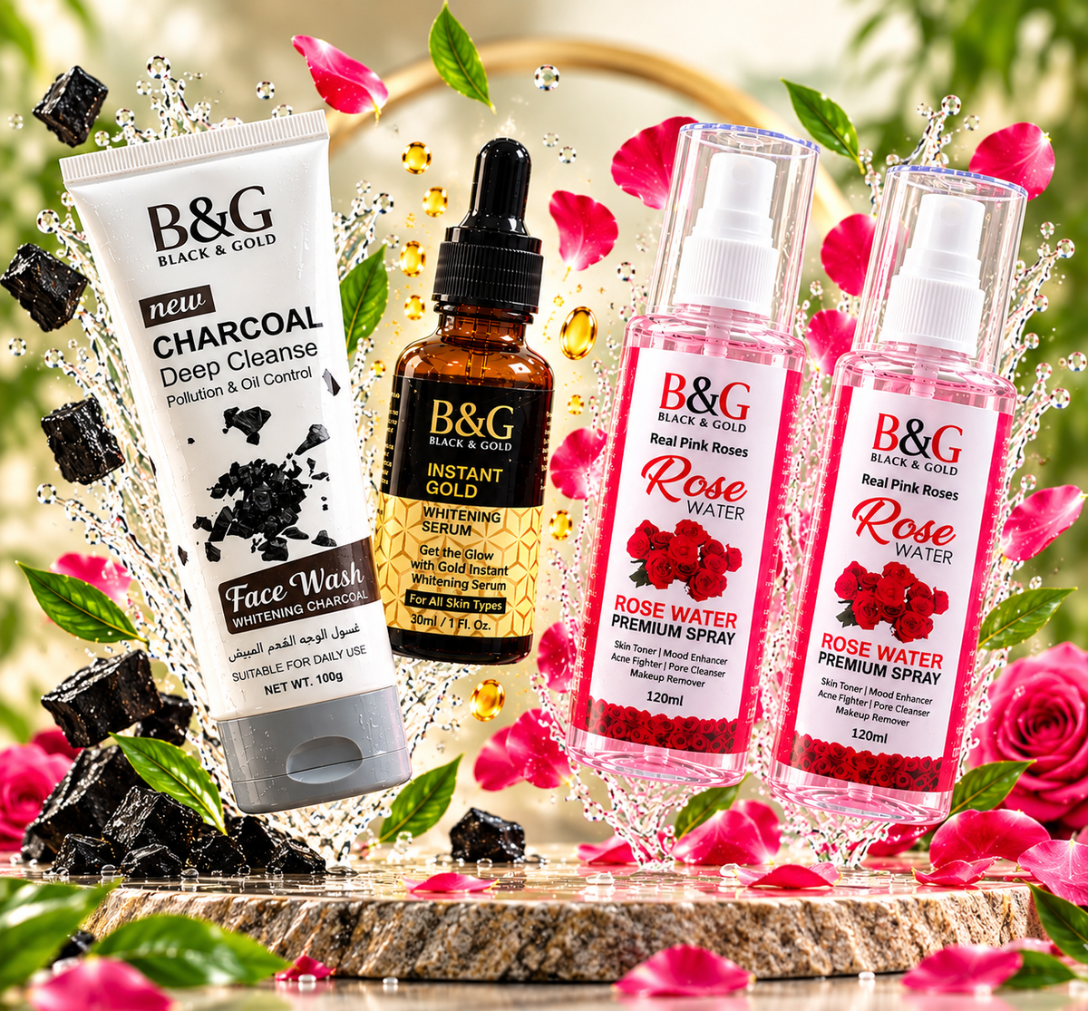 Charcoal face wash instant gold serum and two rose water skincare bundle
