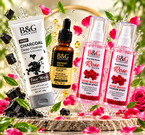 Charcoal face wash instant gold serum and two rose water skincare bundle