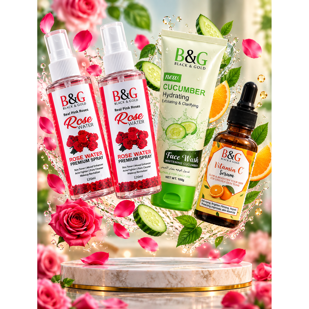 Cucumber face wash vitamin C serum and two rose water skincare bundle
