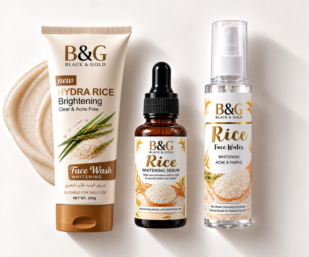 Three B&G Black & Gold skincare products arranged on a light beige background: a face wash tube with a beige cream smear behind it, a serum dropper bottle, and a face water spray bottle, all labeled with rice imagery.